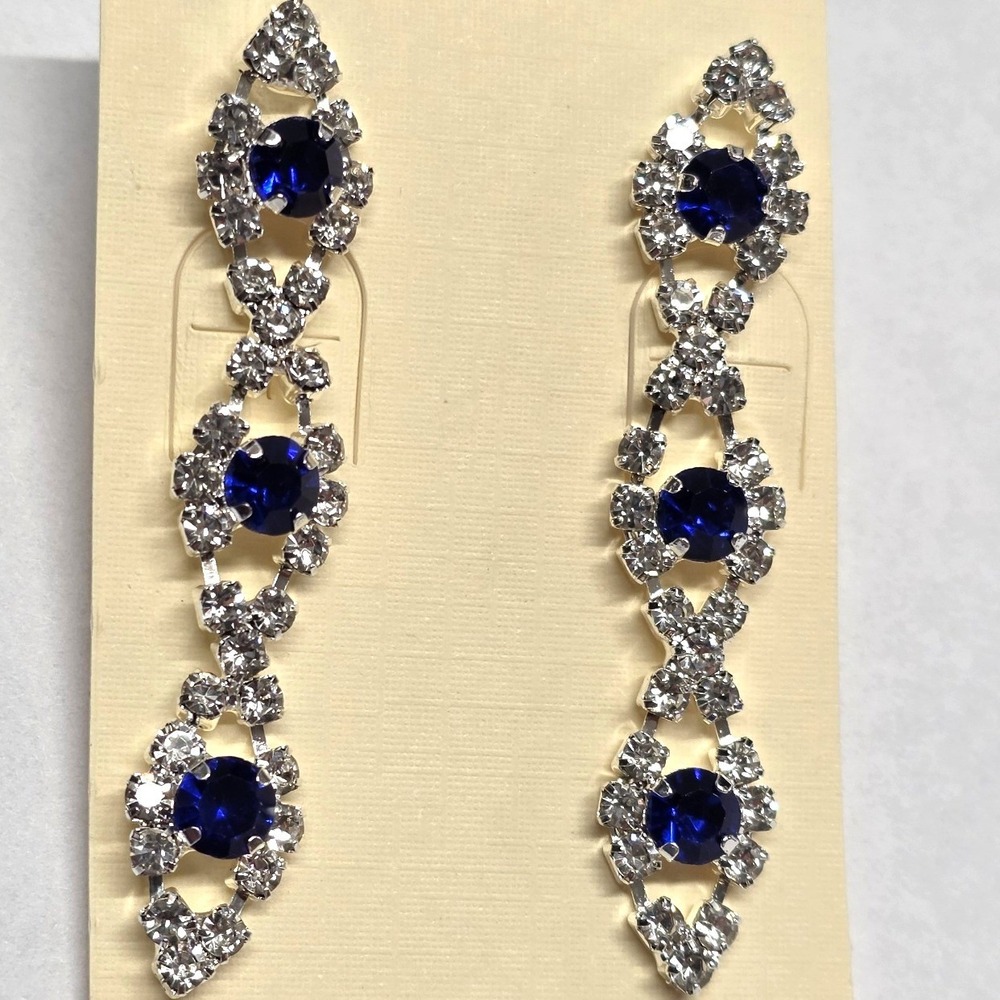 New Blue Clear Rhinestone Crystal Dangle Drop Earrings Silver Tone Art Deco 2"